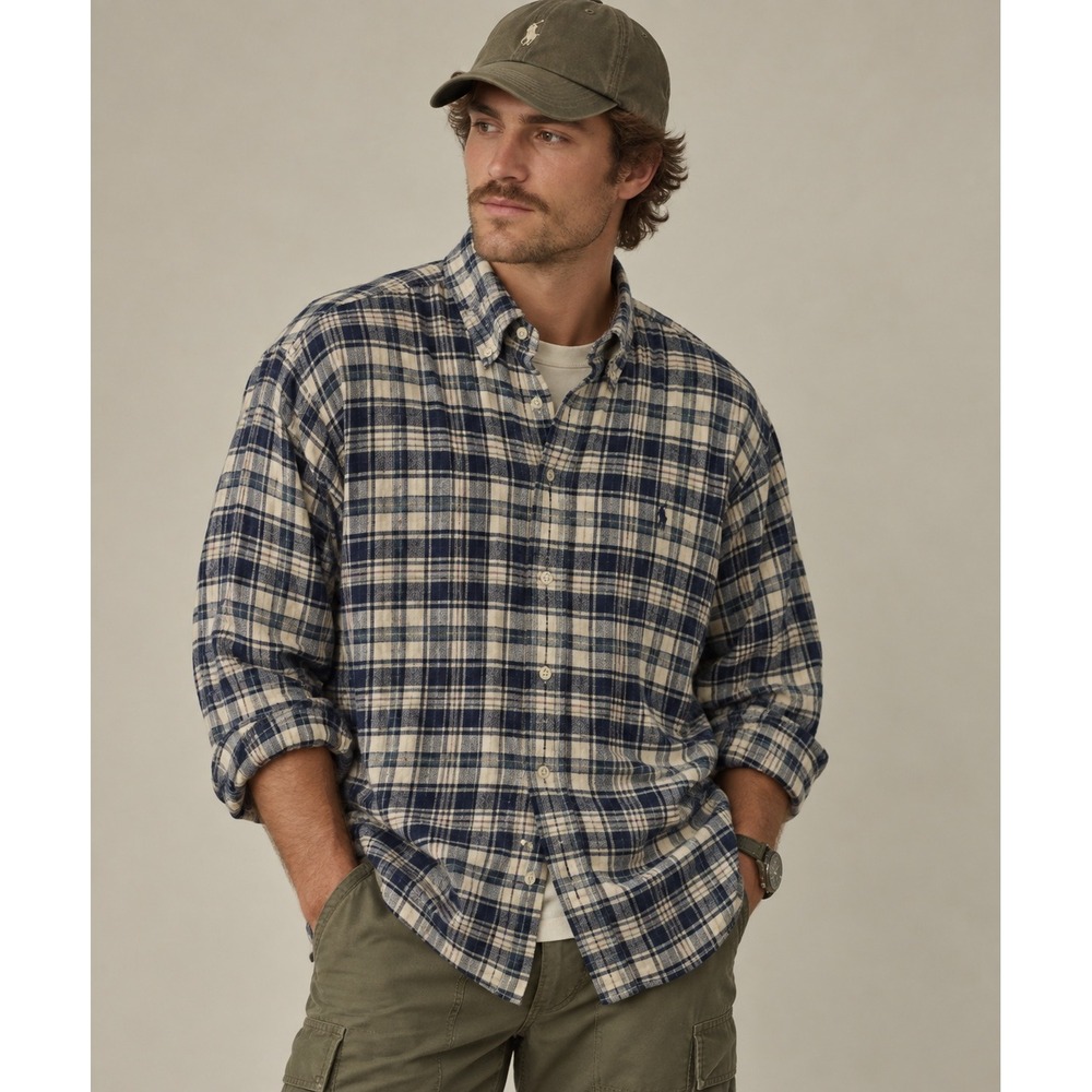 VTG 90s Ralph Lauren Blake Flannel Shirt Mens L Navy White Plaid Button Down